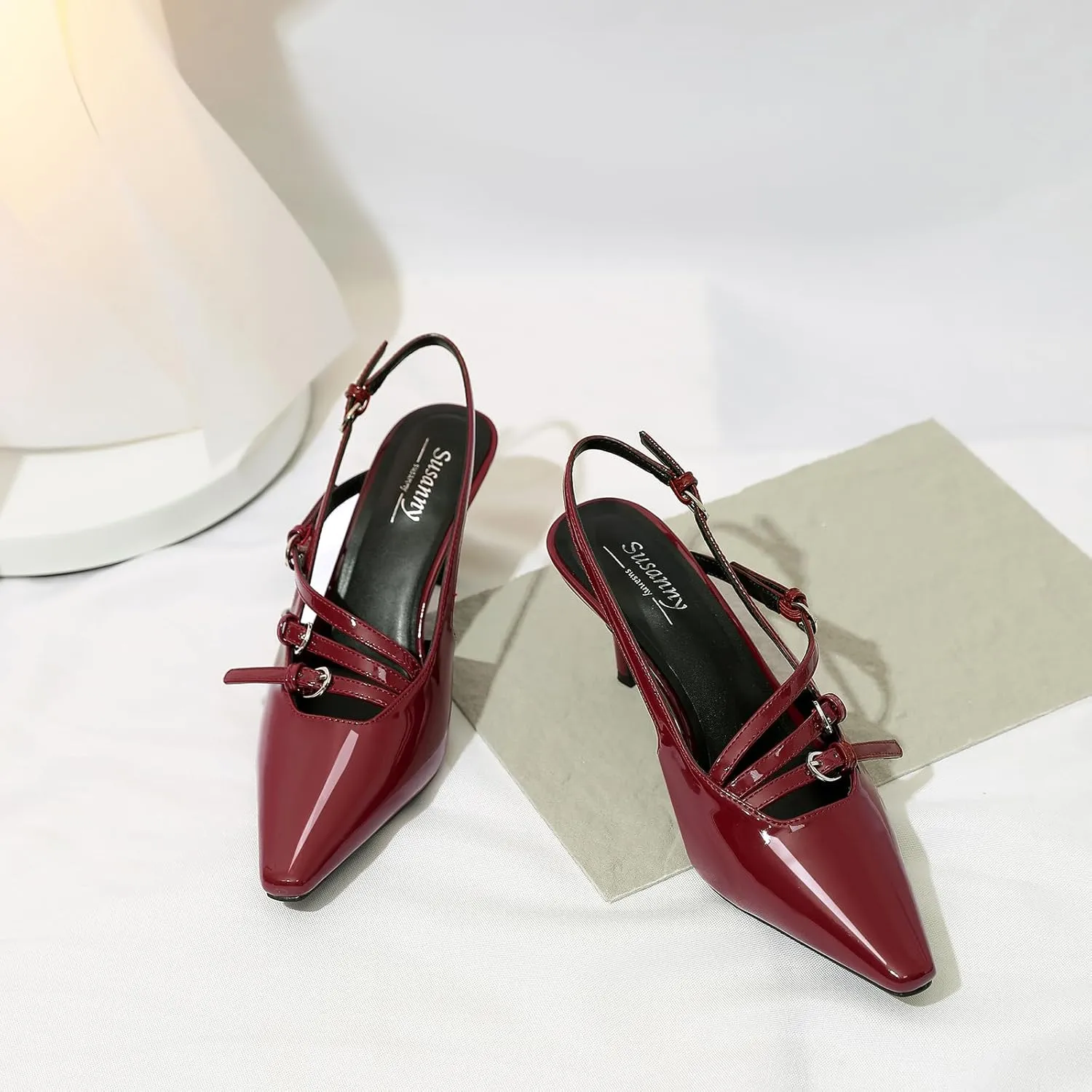 Susanny Burgundy Patent Slingback Kitten Heels for Women Closed Pointed Toe Strappy Dress Pumps Comfortable Stiletto Low Heels Sexy Buckle Strap Dressy Slip On Shoes for Wedding Bridal Work