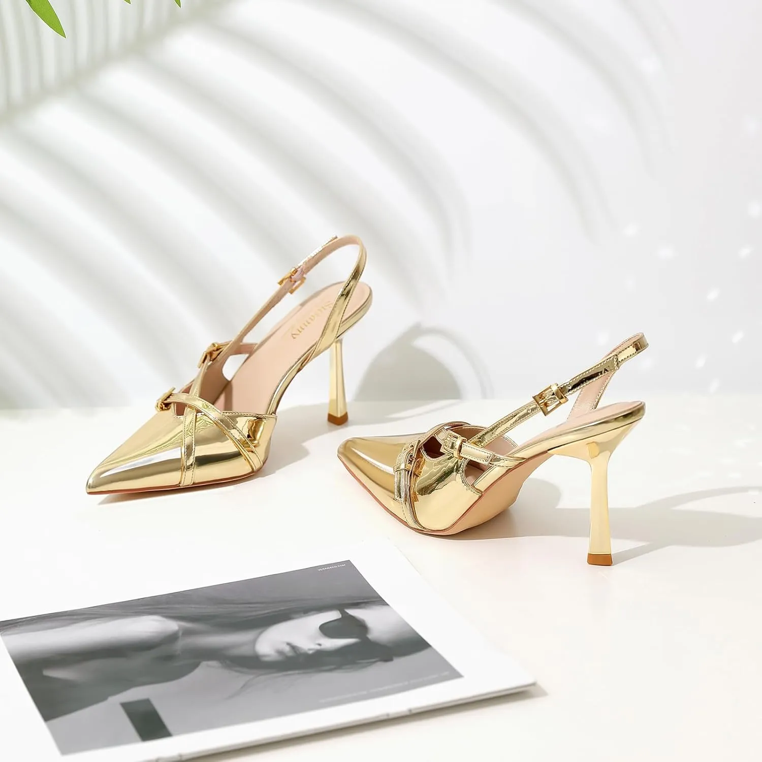 Susanny Slingback Heels for Women Closed Pointed Toe Strappy Dress Pumps Comfortable Stiletto Kitten Heels Sexy Buckle Strap Dressy Slip On Shoes for Wedding Bridal Party Work