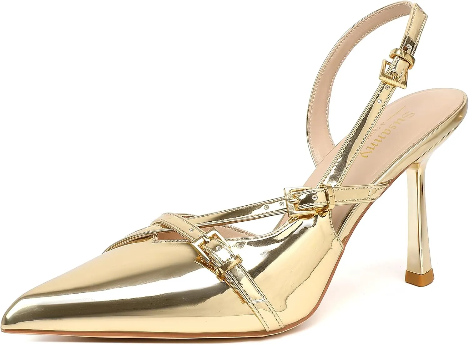 Susanny Slingback Heels for Women Closed Pointed Toe Strappy Dress Pumps Comfortable Stiletto Kitten Heels Sexy Buckle Strap Dressy Slip On Shoes for Wedding Bridal Party Work