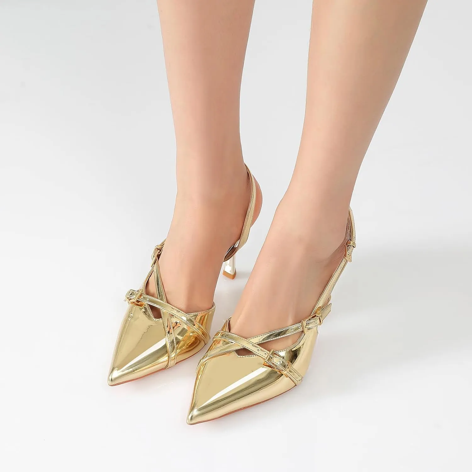 Susanny Slingback Heels for Women Closed Pointed Toe Strappy Dress Pumps Comfortable Stiletto Kitten Heels Sexy Buckle Strap Dressy Slip On Shoes for Wedding Bridal Party Work