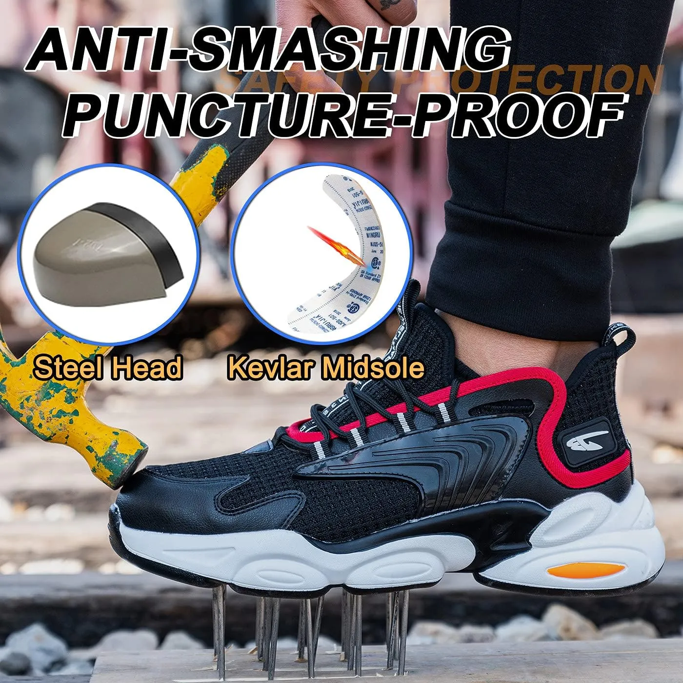U-lite Breathable Safety Work Shoes for Men Women, Splash Resistant Anti-Smash Puncture-Proof Indestructible Industrial Construction Sneakers