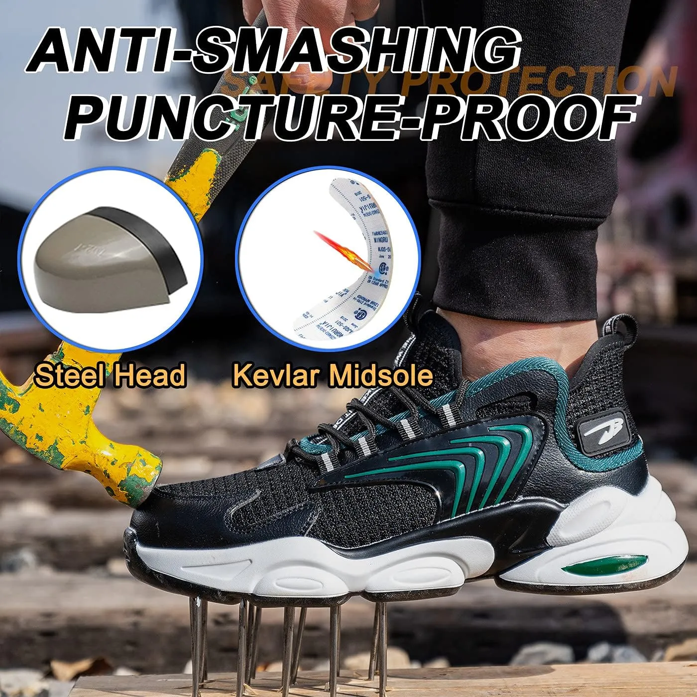 U-lite Breathable Safety Work Shoes for Men Women, Splash Resistant Anti-Smash Puncture-Proof Indestructible Industrial Construction Sneakers