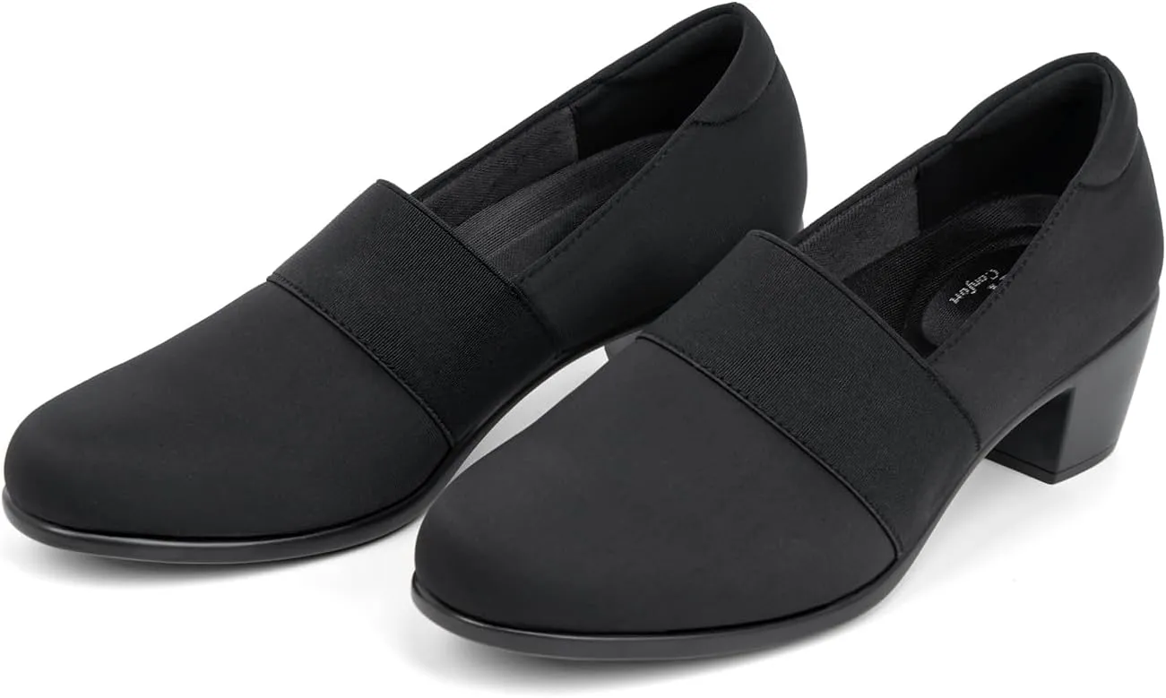 VJH confort Womens Heeled Shoes, Comfortable Elastic Low Block Chunky Heels Pumps