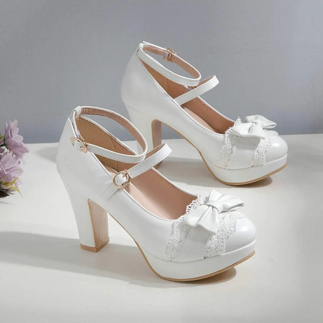 VOKLIN Women's Girls Lolita Platform Mary Jane Pumps Sweet Bow Ankle Strap Block High Heel Oxford Dress Shoes