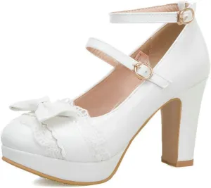 VOKLIN Women's Girls Lolita Platform Mary Jane Pumps Sweet Bow Ankle Strap Block High Heel Oxford Dress Shoes