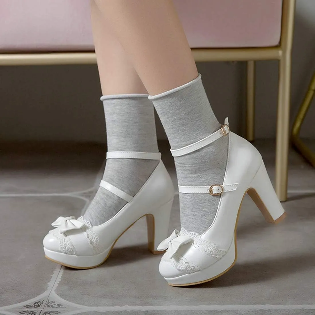 VOKLIN Women's Girls Lolita Platform Mary Jane Pumps Sweet Bow Ankle Strap Block High Heel Oxford Dress Shoes