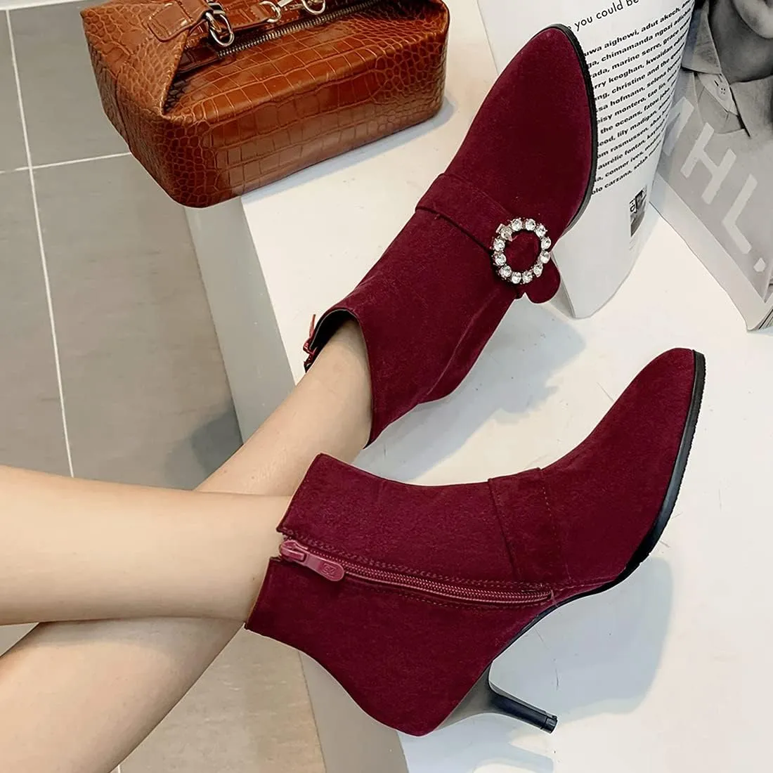 VOKLIN Women's Pointed Toe Buckle Dressy Ankle Booties Stiletto Kitten Heel Zipper Elegant Dress Short Boots