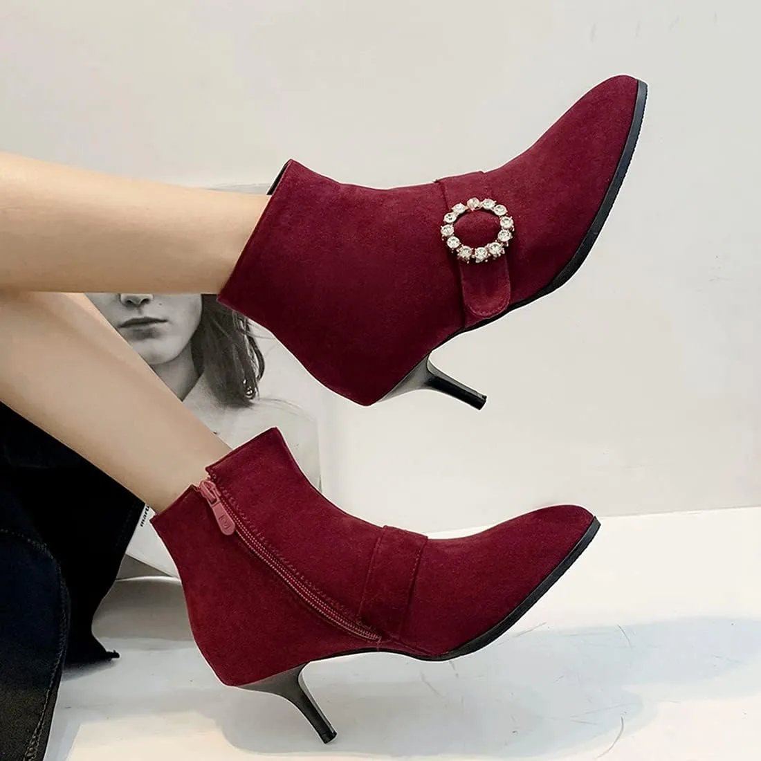 VOKLIN Women's Pointed Toe Buckle Dressy Ankle Booties Stiletto Kitten Heel Zipper Elegant Dress Short Boots