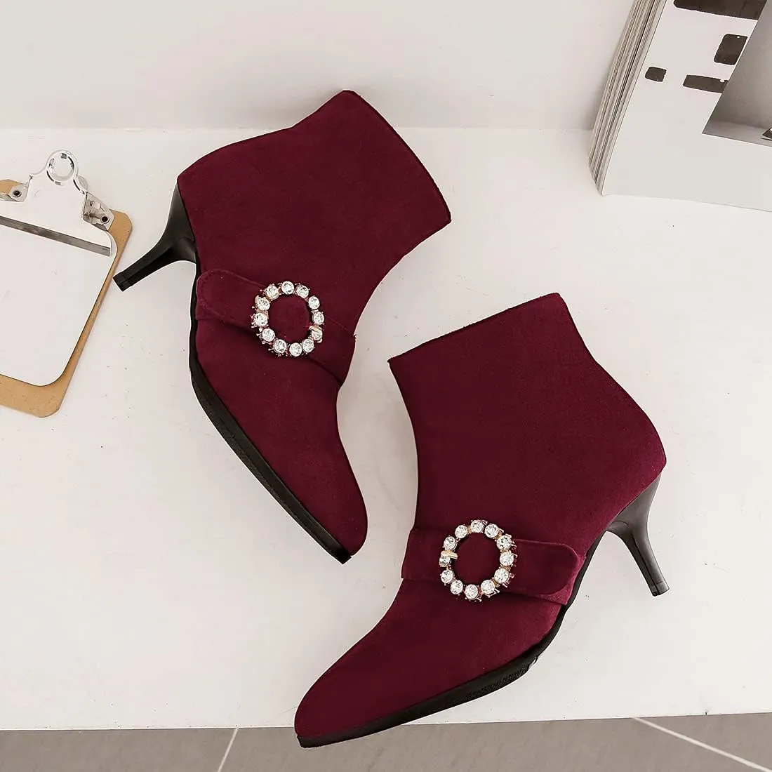 VOKLIN Women's Pointed Toe Buckle Dressy Ankle Booties Stiletto Kitten Heel Zipper Elegant Dress Short Boots