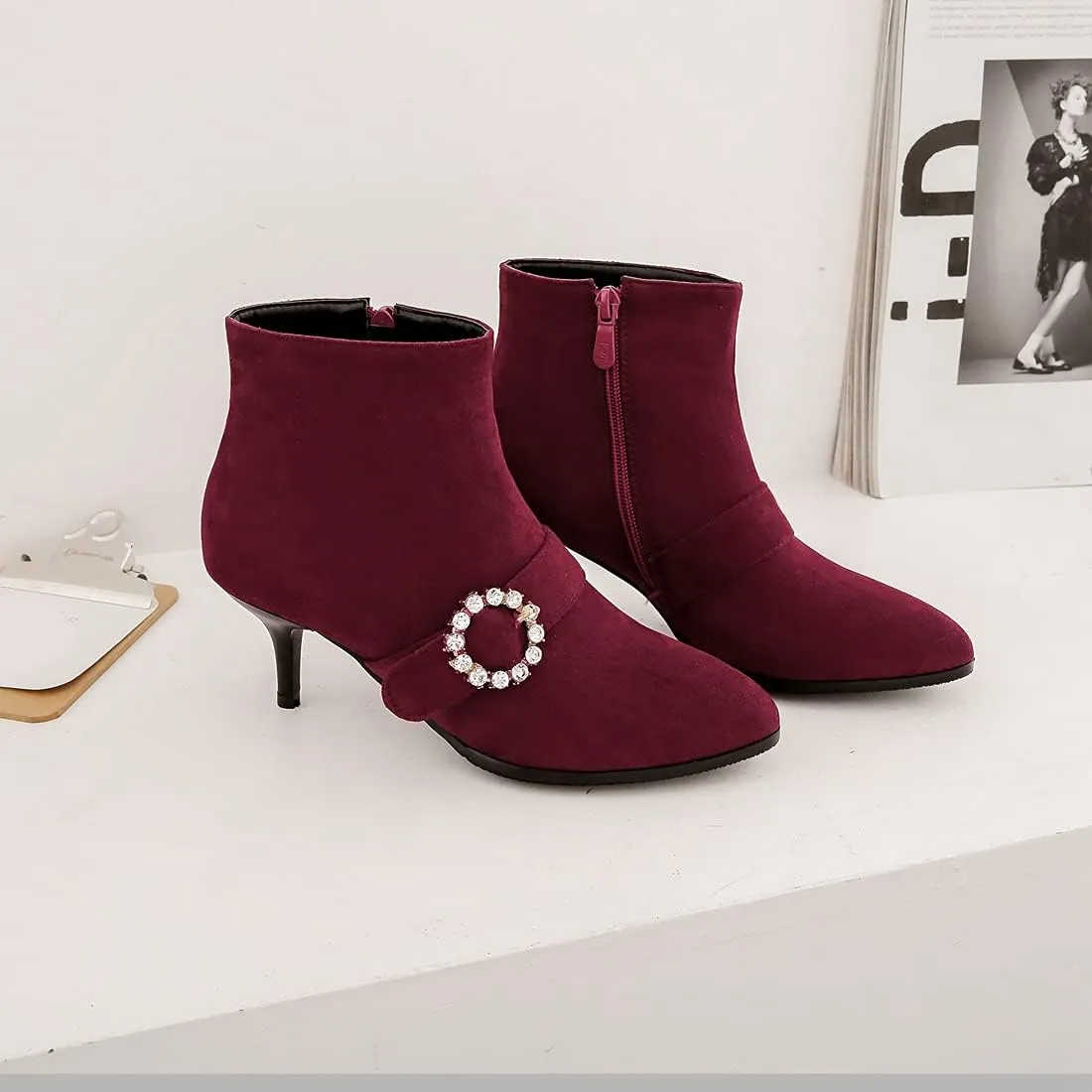 VOKLIN Women's Pointed Toe Buckle Dressy Ankle Booties Stiletto Kitten Heel Zipper Elegant Dress Short Boots