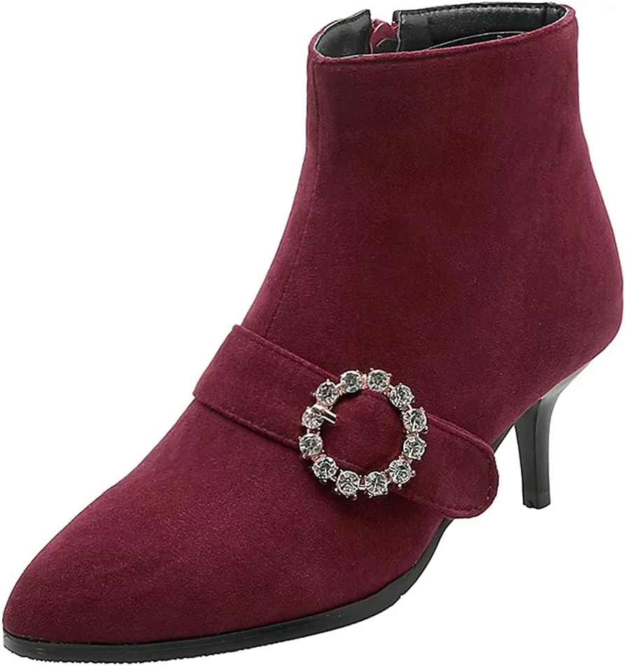 VOKLIN Women's Pointed Toe Buckle Dressy Ankle Booties Stiletto Kitten Heel Zipper Elegant Dress Short Boots
