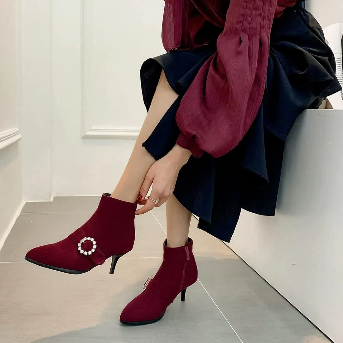 VOKLIN Women's Pointed Toe Buckle Dressy Ankle Booties Stiletto Kitten Heel Zipper Elegant Dress Short Boots