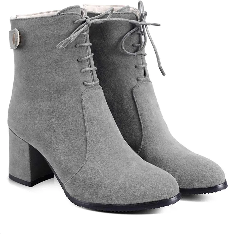 VOKLIN Women's Round Toe Dressy Ankle Boots Suede Lace Up Zipper Chunky Block High Heels Dress Short Booties