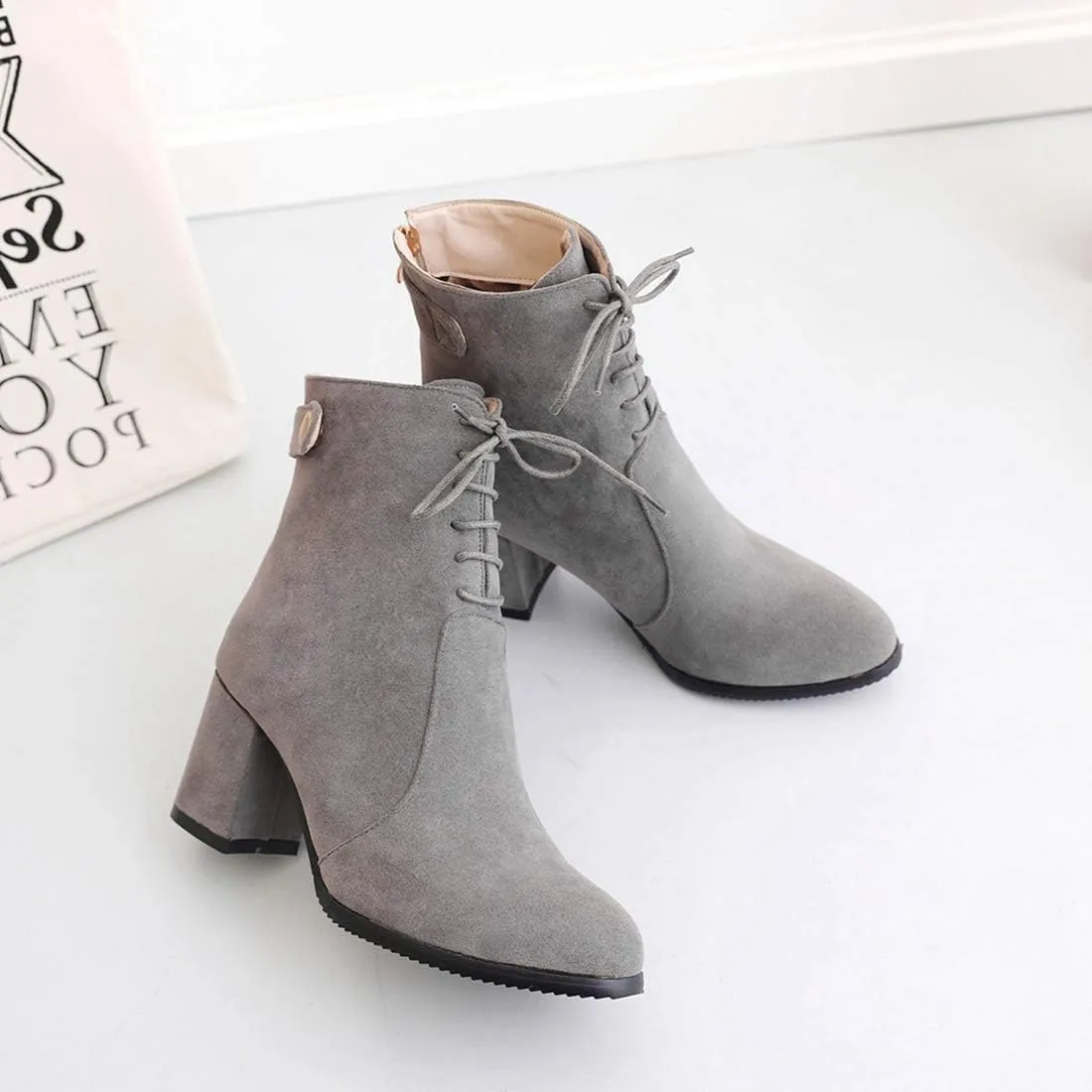 VOKLIN Women's Round Toe Dressy Ankle Boots Suede Lace Up Zipper Chunky Block High Heels Dress Short Booties