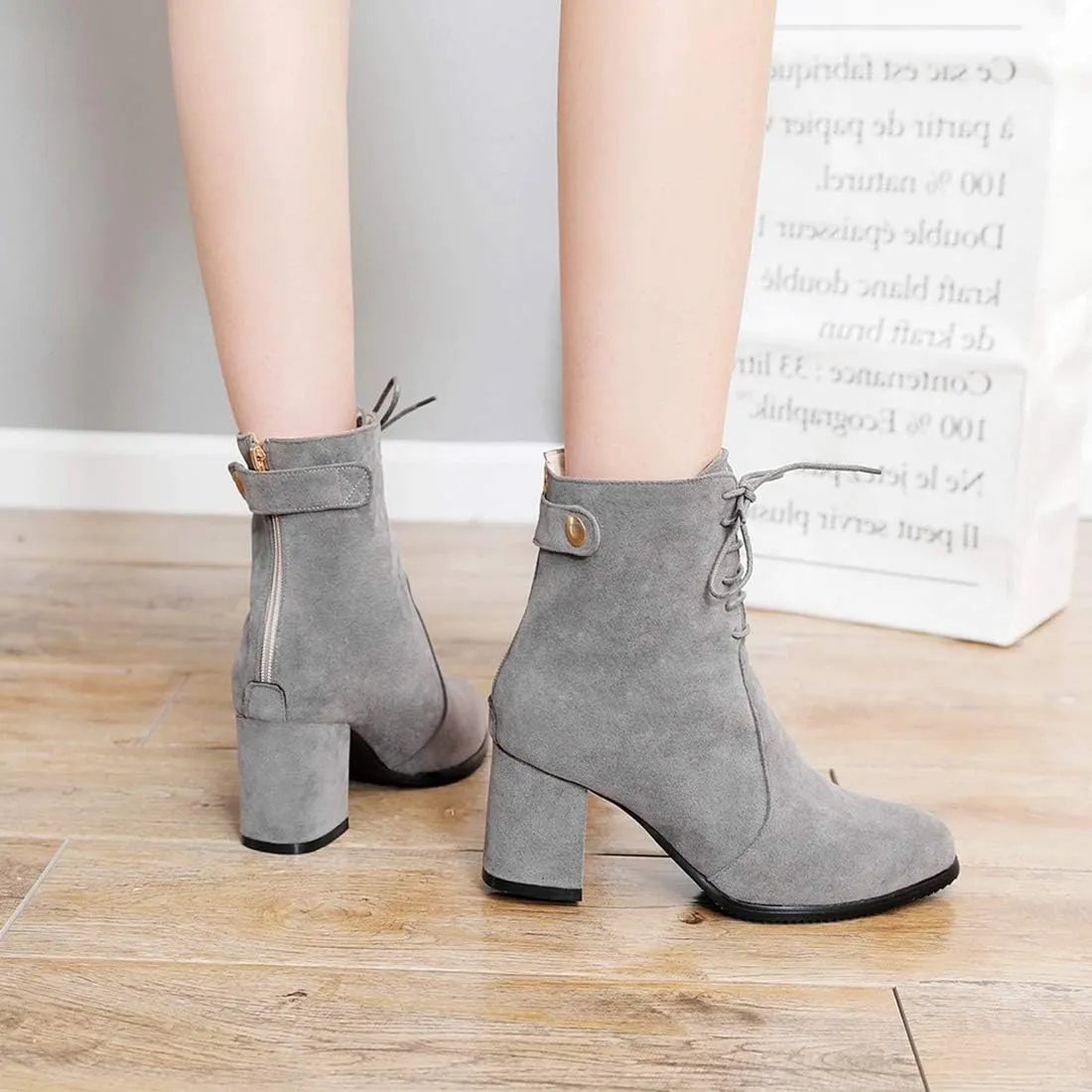 VOKLIN Women's Round Toe Dressy Ankle Boots Suede Lace Up Zipper Chunky Block High Heels Dress Short Booties