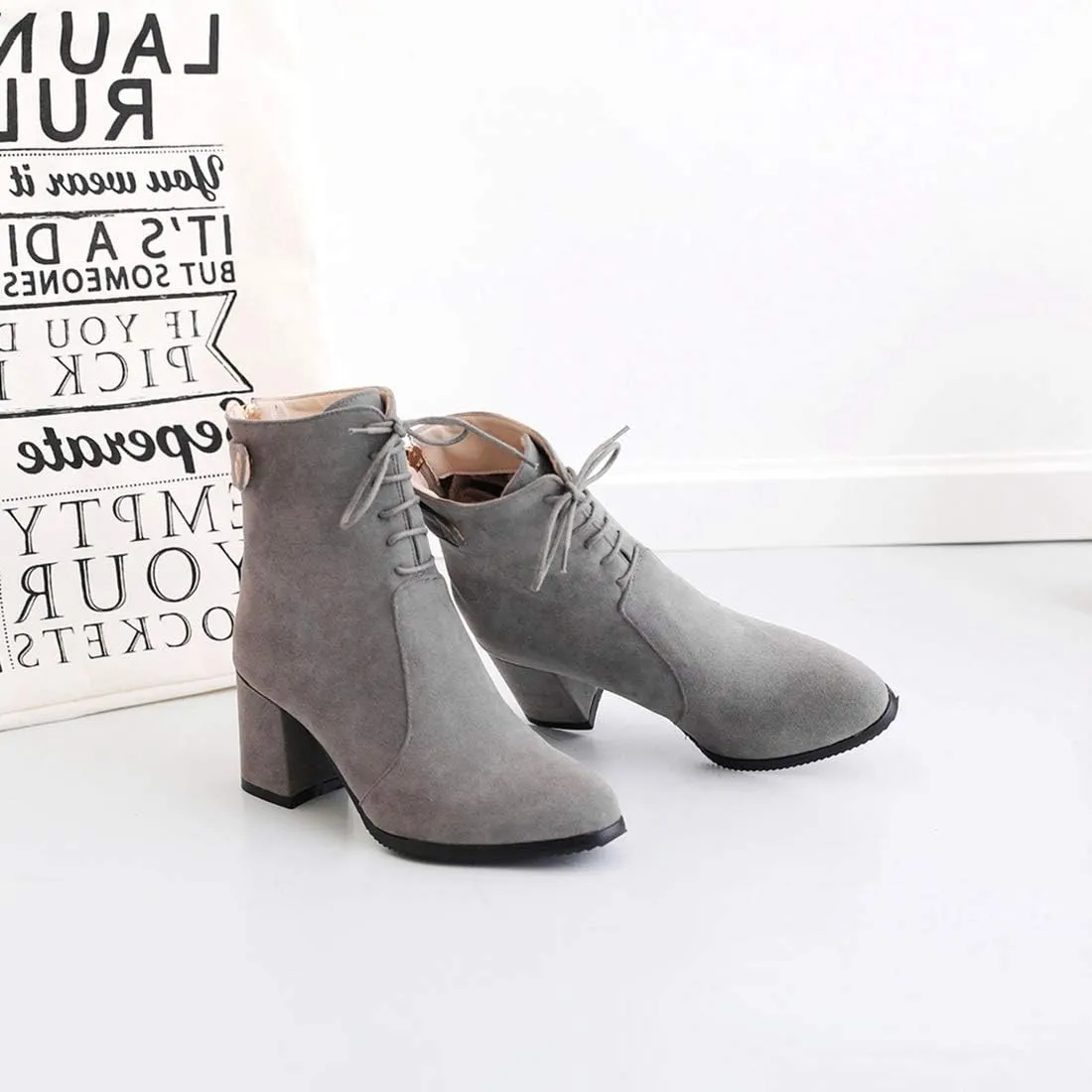 VOKLIN Women's Round Toe Dressy Ankle Boots Suede Lace Up Zipper Chunky Block High Heels Dress Short Booties