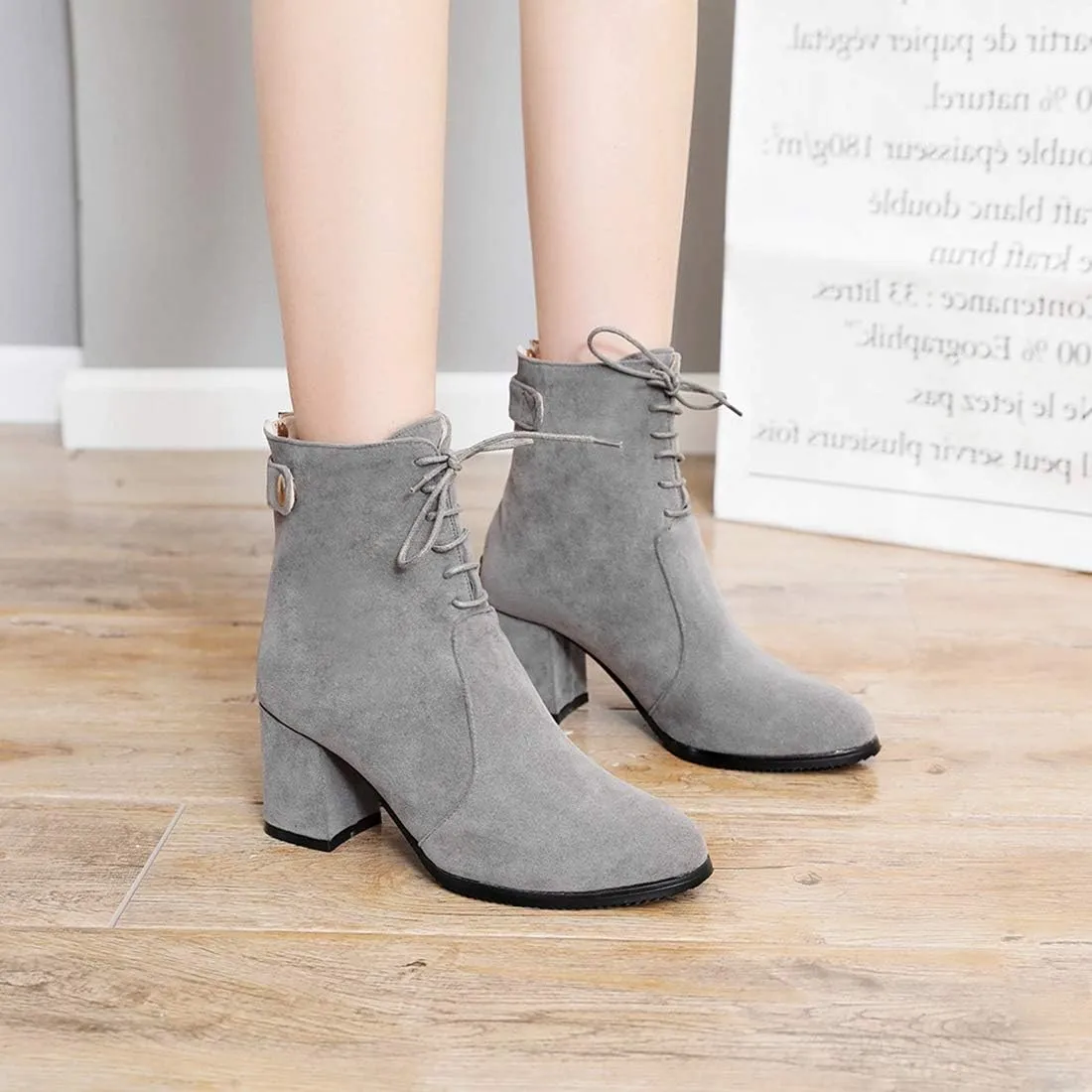 VOKLIN Women's Round Toe Dressy Ankle Boots Suede Lace Up Zipper Chunky Block High Heels Dress Short Booties