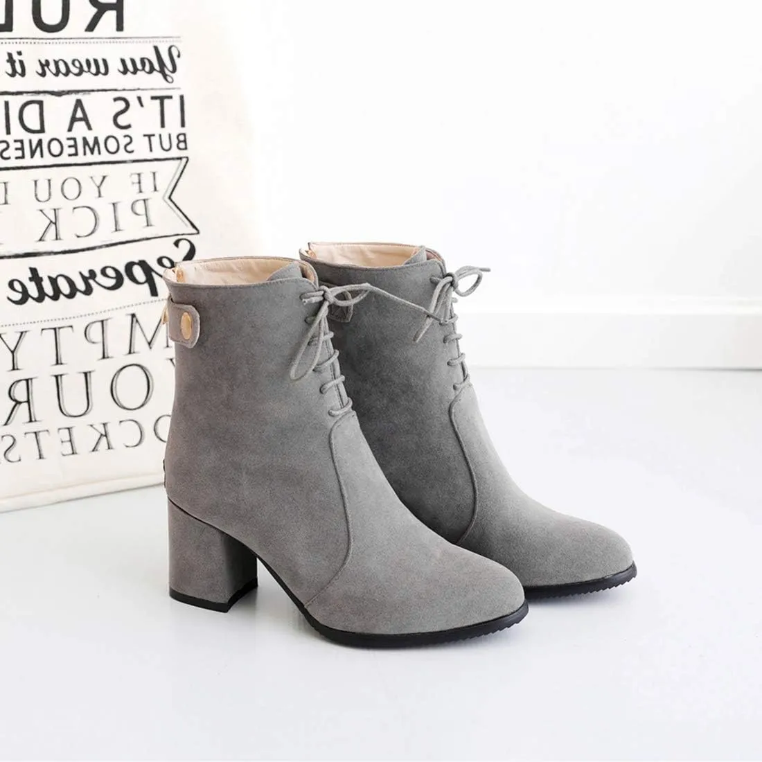 VOKLIN Women's Round Toe Dressy Ankle Boots Suede Lace Up Zipper Chunky Block High Heels Dress Short Booties