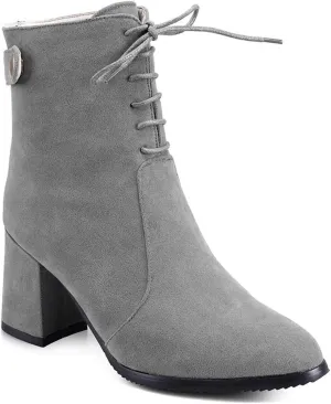 VOKLIN Women's Round Toe Dressy Ankle Boots Suede Lace Up Zipper Chunky Block High Heels Dress Short Booties