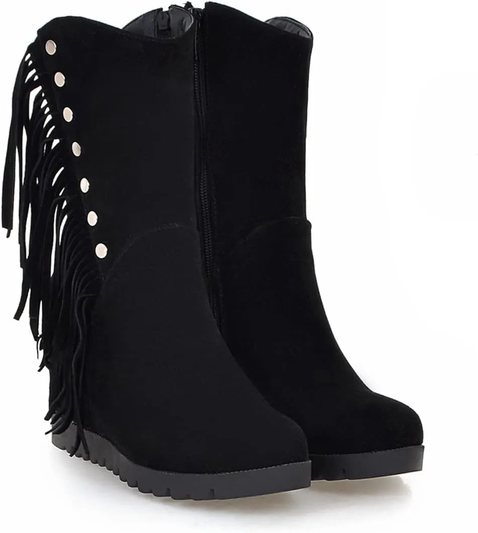 VOKLIN Women's Round Toe Fringed Dress Ankle Boots Hidden Wedge High Heel Side Zipper Tassels Short Booties