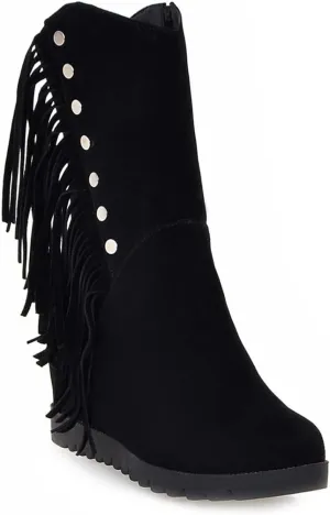 VOKLIN Women's Round Toe Fringed Dress Ankle Boots Hidden Wedge High Heel Side Zipper Tassels Short Booties