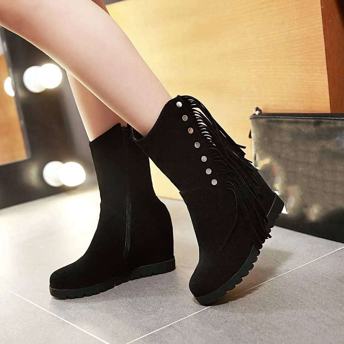 VOKLIN Women's Round Toe Fringed Dress Ankle Boots Hidden Wedge High Heel Side Zipper Tassels Short Booties