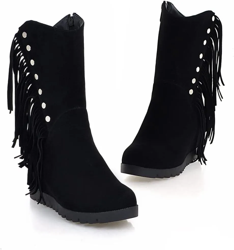 VOKLIN Women's Round Toe Fringed Dress Ankle Boots Hidden Wedge High Heel Side Zipper Tassels Short Booties