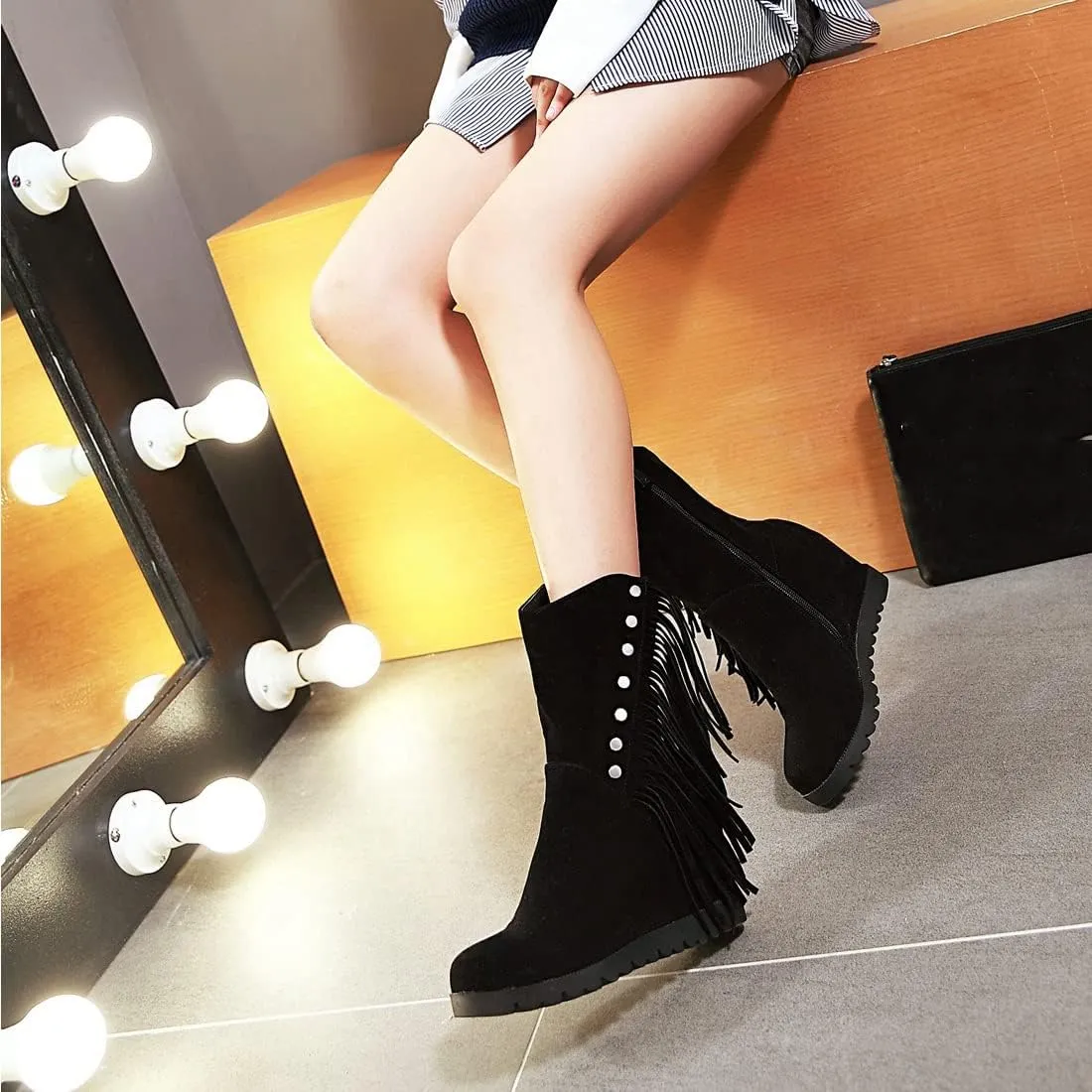 VOKLIN Women's Round Toe Fringed Dress Ankle Boots Hidden Wedge High Heel Side Zipper Tassels Short Booties