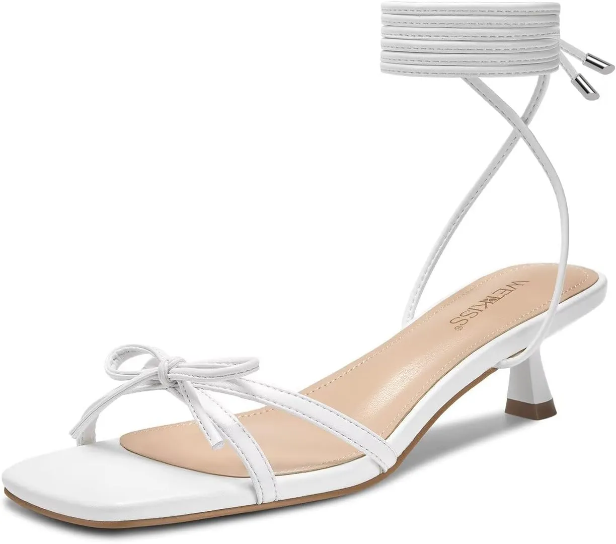 wetkiss Women's Lace up Bow Kitten Heeled Sandals Square Open Toe Heels Comfort Dress Wedding Party Shoes