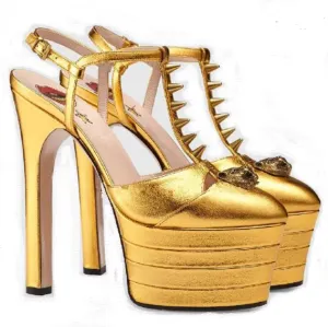 WOilERQ Platform Chunky High Heels Sandals Closed Round Toe Ankle T-Strap Pumps Slingback 16Cm Heels Fashion Studded Rivet Show Party Wedding Dress Shoes,Gold,9