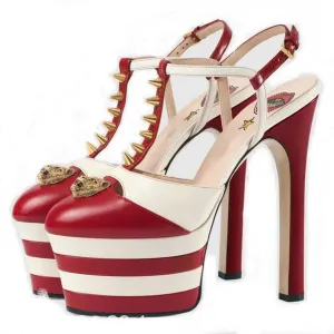 WOilERQ Platform Chunky High Heels Sandals Closed Round Toe Ankle T-Strap Pumps Slingback 16Cm Heels Fashion Studded Rivet Show Party Wedding Dress Shoes,Red,7.5