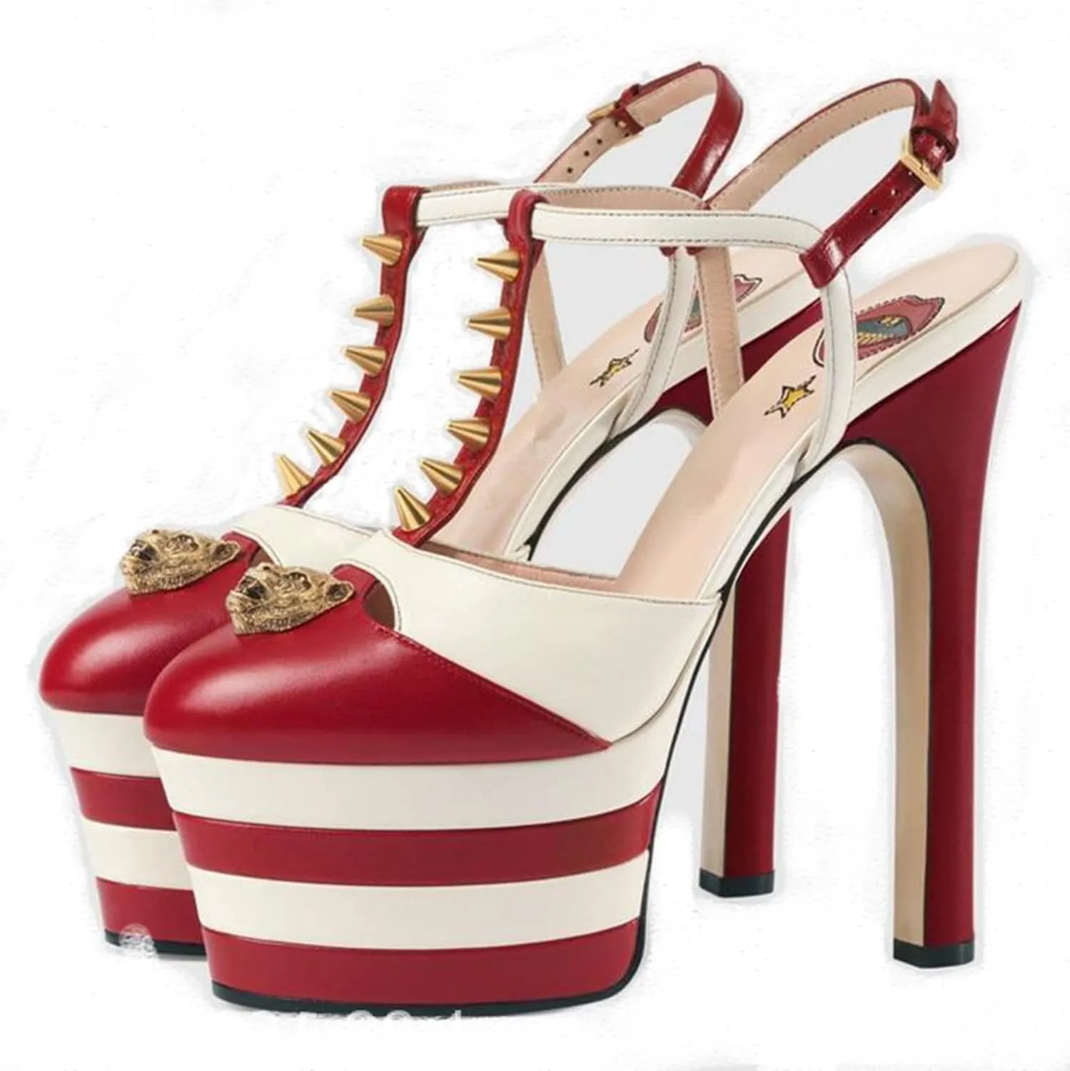 WOilERQ Platform Chunky High Heels Sandals Closed Round Toe Ankle T-Strap Pumps Slingback 16Cm Heels Fashion Studded Rivet Show Party Wedding Dress Shoes,Red,7.5