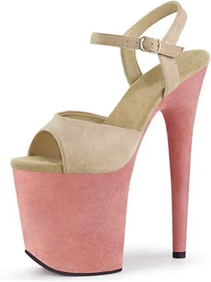 WOilERQ Women Ankle Strap Sandals Peep Open Toe Stiletto High Heel Party Dress Shoes 7.8Inch Color Block Suede Platform Stripper Prom Sandals,Beige,9.5