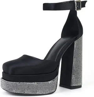 WOilERQ Women Platform Pump Sandals 5.5" Chunky Block Heel Ankle Strap Buckle Closed Square Toe Party Street high Heels Rhinestone Evening Party Dress Shoes,Black,9.5