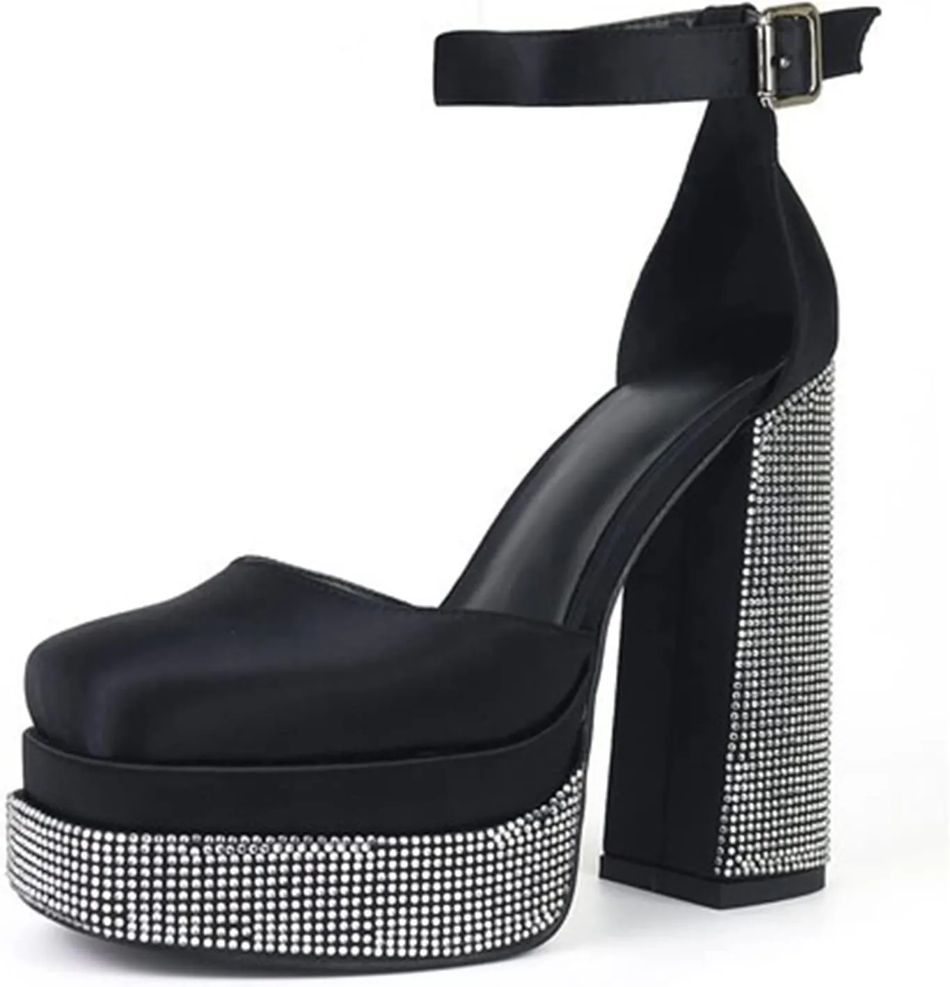 WOilERQ Women Platform Pump Sandals 5.5" Chunky Block Heel Ankle Strap Buckle Closed Square Toe Party Street high Heels Rhinestone Evening Party Dress Shoes,Black,9.5