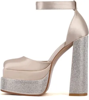 WOilERQ Women Platform Pump Sandals 5.5" Chunky Block Heel Ankle Strap Buckle Closed Square Toe Party Street high Heels Rhinestone Evening Party Dress Shoes,Gold,8.5