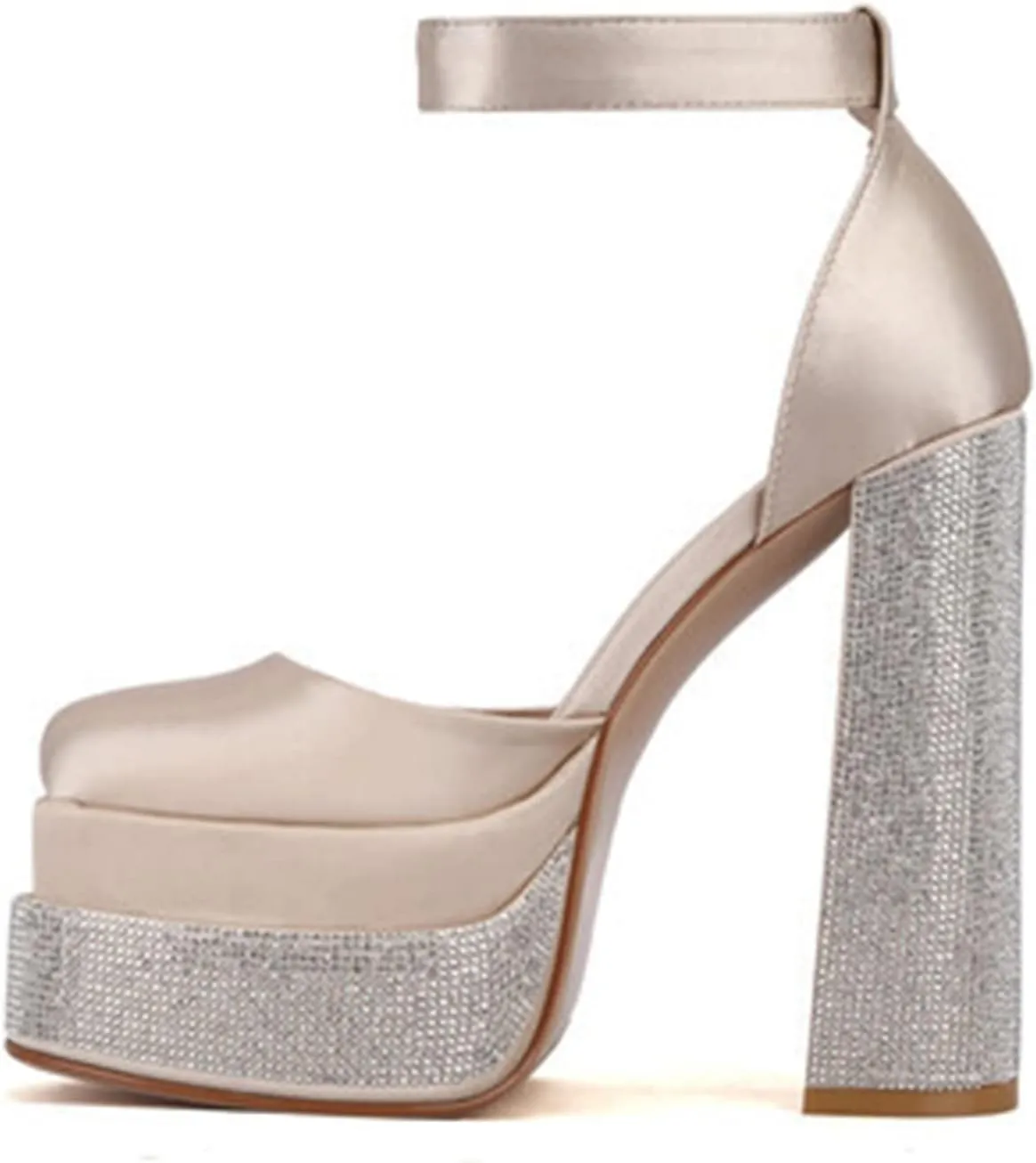 WOilERQ Women Platform Pump Sandals 5.5" Chunky Block Heel Ankle Strap Buckle Closed Square Toe Party Street high Heels Rhinestone Evening Party Dress Shoes,Gold,9