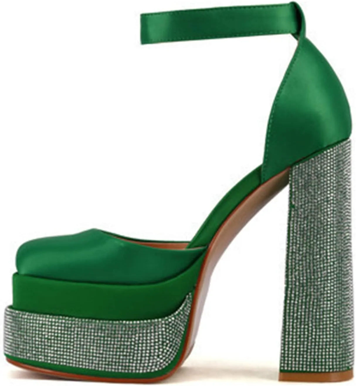 WOilERQ Women Platform Pump Sandals 5.5" Chunky Block Heel Ankle Strap Buckle Closed Square Toe Party Street high Heels Rhinestone Evening Party Dress Shoes,Green,7