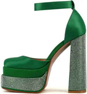 WOilERQ Women Platform Pump Sandals 5.5" Chunky Block Heel Ankle Strap Buckle Closed Square Toe Party Street high Heels Rhinestone Evening Party Dress Shoes,Green,7