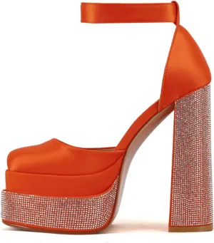 WOilERQ Women Platform Pump Sandals 5.5" Chunky Block Heel Ankle Strap Buckle Closed Square Toe Party Street high Heels Rhinestone Evening Party Dress Shoes,Orange,7