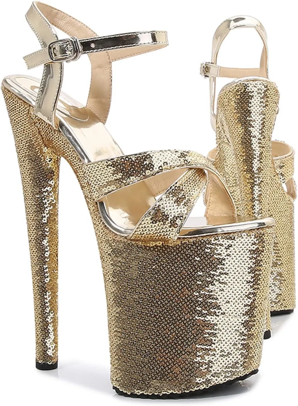 WOilERQ Women's 20cm Platform Sandals Sexy lace Sequin High Heels Peep Toe Ankle Buckle Nightclub Party Dress Stiletto Super Shoes Catwalk Pole Dancing Sandals Pumps