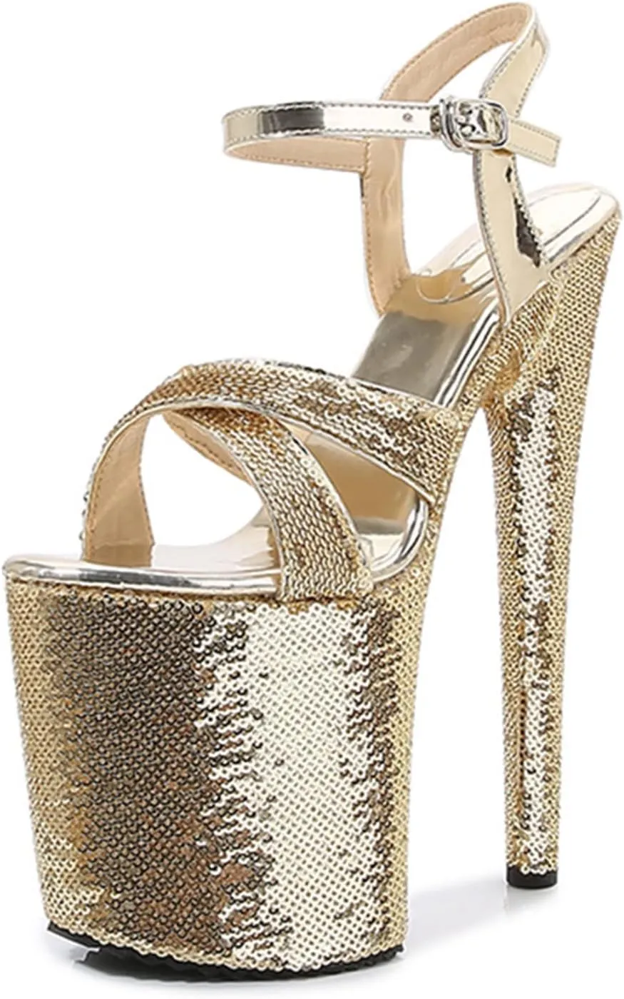 WOilERQ Women's 20cm Platform Sandals Sexy lace Sequin High Heels Peep Toe Ankle Buckle Nightclub Party Dress Stiletto Super Shoes Catwalk Pole Dancing Sandals Pumps