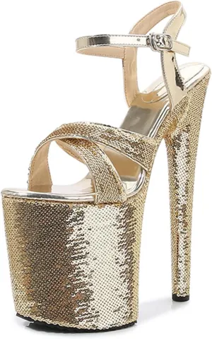 WOilERQ Women's 20cm Platform Sandals Sexy lace Sequin High Heels Peep Toe Ankle Buckle Nightclub Party Dress Stiletto Super Shoes Catwalk Pole Dancing Sandals Pumps
