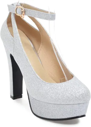 WOilERQ Womens Ankle Strap Evening Platform Pumps Sequins Dress Buckle Round Toe Chunky High Heel Pumps Shoes Fashion Nightclub Party Shoes,Silver,41