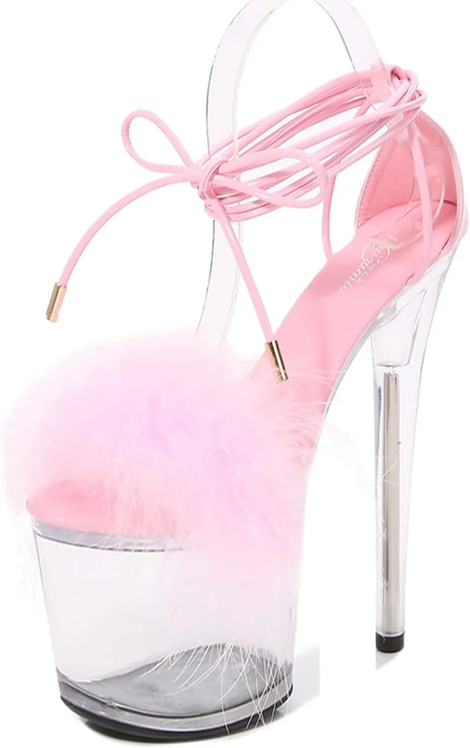 WOilERQ Women's Crystal Clear Platform Heeled Sandals Fluffy Heels Stiletto high Heels Lace up Cross Straps Open Toe Dress Shoes for Prom Dressing Party Stripper 20cm/7.8inch