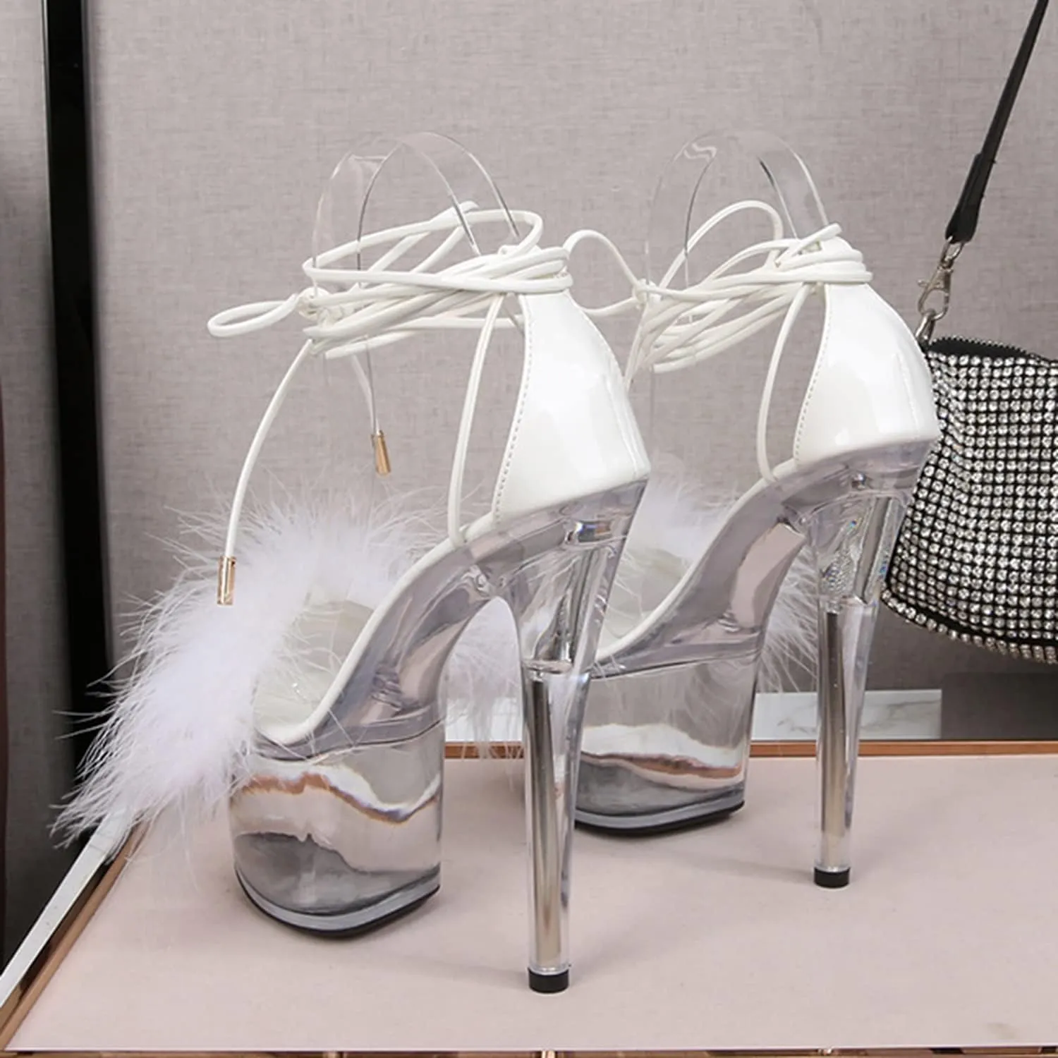 WOilERQ Women's Crystal Clear Platform Heeled Sandals Fluffy Heels Stiletto high Heels Lace up Cross Straps Open Toe Dress Shoes for Prom Dressing Party Stripper 20cm/7.8inch