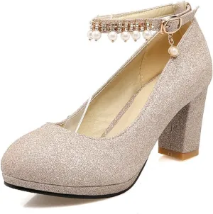 WOilERQ Womens Platform Chunky High Block Heels Pearl Ankle Strap Buckles Round Toe Pumps Fashion Sequins Party Prom Dress Shoes for Women,Gold,40