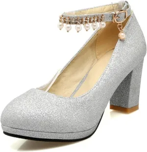 WOilERQ Womens Platform Chunky High Block Heels Pearl Ankle Strap Buckles Round Toe Pumps Fashion Sequins Party Prom Dress Shoes for Women,Silver,36