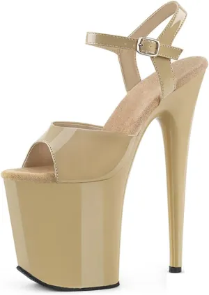 WOilERQ Womens Sexy Patent Leather Sandals Platform Open Toe Ankle Strap Heeled Sandals Evening Dress Shoes with 7.8inch Stiletto Heels for Stripper Club Party,Beige,5.5