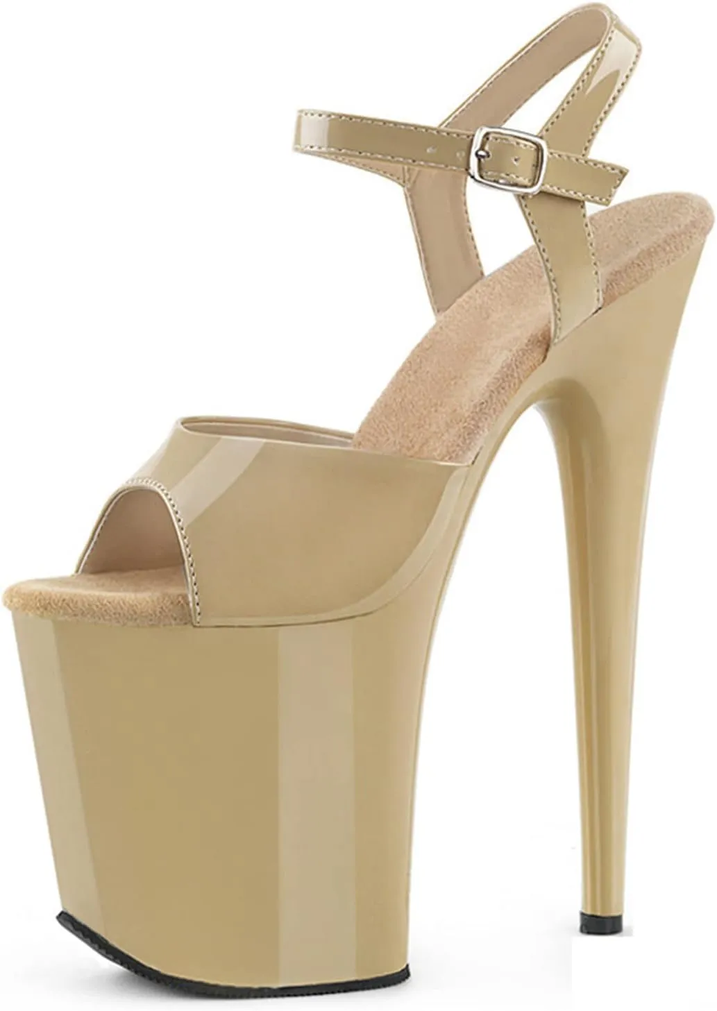 WOilERQ Womens Sexy Patent Leather Sandals Platform Open Toe Ankle Strap Heeled Sandals Evening Dress Shoes with 7.8inch Stiletto Heels for Stripper Club Party,Beige,8.5